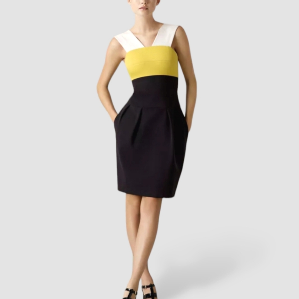 Lida Baday Colorblock Ponte Dress with Pockets Black White Yellow Exposed Zipper